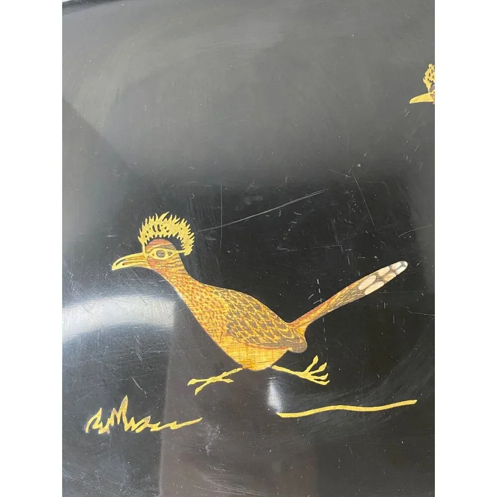 Couroc of Monterey black inlaid‎ serving tray roadrunners bar MCM retro vtg 70's